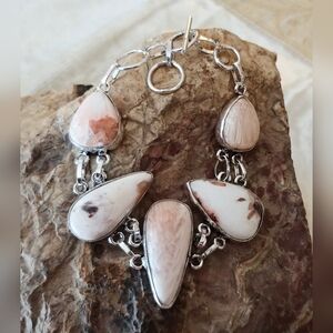 NWOT Natural Scolecite Stone Adjustable Statement .925 Silver Overley Bracelet